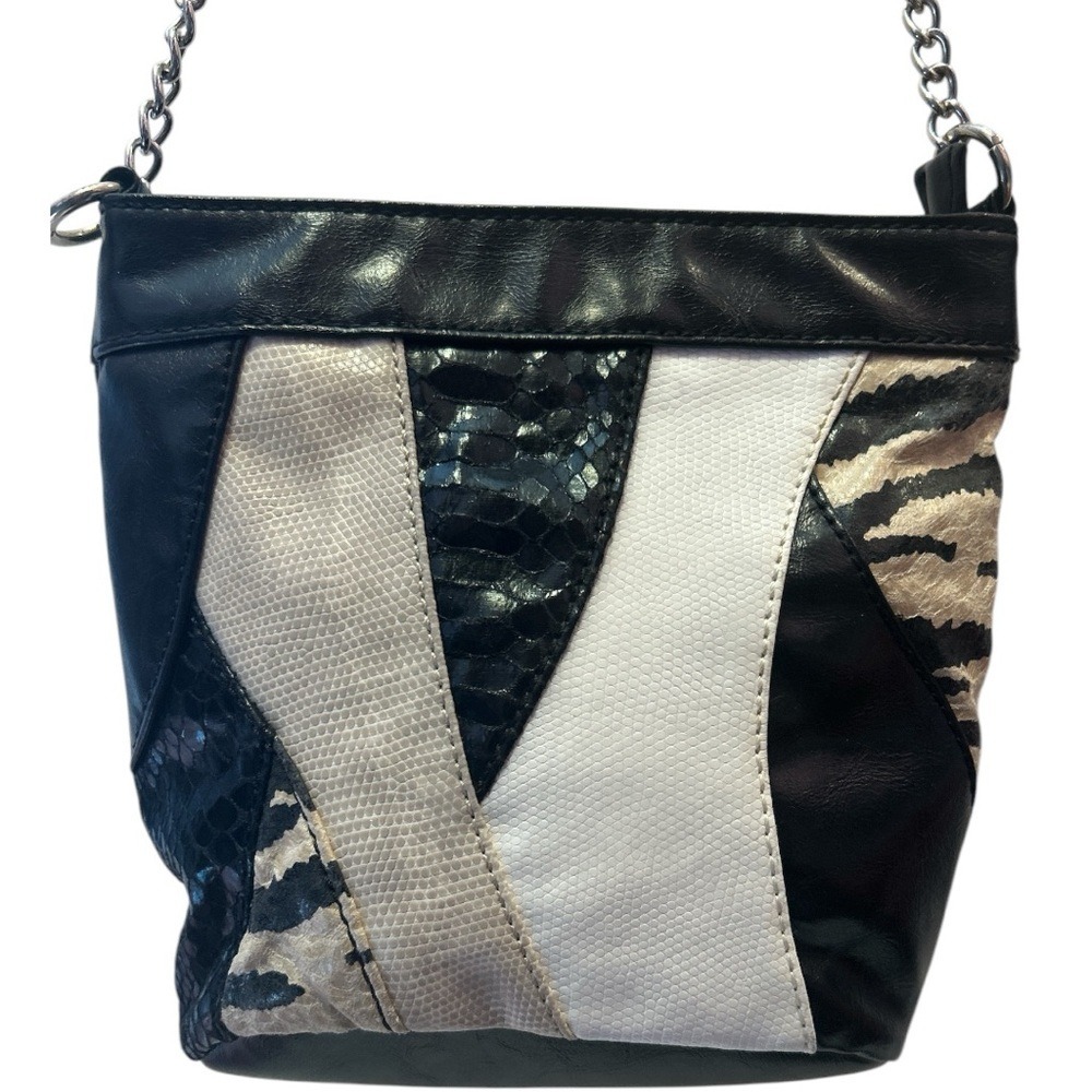 Carlos Black White Patchwork Faux Snake Skin Leather Crossbody Bag